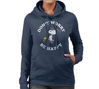 All+Every Peanuts Snoopy and Woodstock Dont Worry Be Happy Women's Hooded Sweatshirt Navy Blue