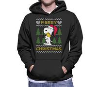 All+Every Peanuts Snoopy Hugs Merry Christmas Knit Pattern Men's Hooded Sweatshirt Black