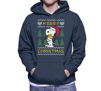 All+Every Peanuts Snoopy Hugs Merry Christmas Knit Pattern Men's Hooded Sweatshirt Navy Blue