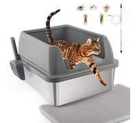 ALL FOR PAWS Stainless Steel Cat Litter Box with Litter Mat, 53cm Large Metal Litter Pan Tray with High Wall Sides, Odorless, Non-Stick, Leak Proof, Interactive Cat Toys Included