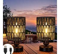 ALL FORTUNE Cordless Outdoor Table Lamps, Rechargeable Rattan Boho, Dimmable Battery Operated for Patio, Home, Living Room, Bedroom, Bedside - Set of 2 (Black)