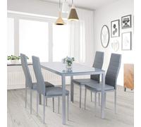 All Grey Glass Dining Table with 4 Grey Faux Leather Chairs Italian Style Modern Dining Set 8mm Tempered Glass