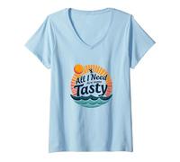 All I Need are Some Tasty Waves Retro Surf Quote V-Neck T-Shirt, Women, Baby Blue, XL