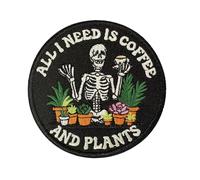 All I Need is Coffee and Plants Patch 3" Funny Skeleton Hook and Loop Military Morale Patches Army Embroidery Fabric Applique Badges for Trucker Hats Backpack Bag Vest Clothes Mental Health Gifts