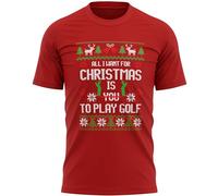 All I Want for Christmas Mens Play Golf T Shirt Xmas Fairisle Tee Golfer Top, XXL, Red