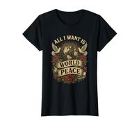 All I Want is World Peace Vintage Dove Globe Global Unity Value Graphic T-Shirt, Women, Black, S