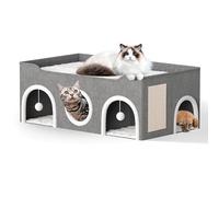 All-in-1 Extra-Wide Cat House for Indoor, Multi Cats Puppy Family, Large Cat Cave for Pet House with Fluffy Ball Hanging and Scratch Pad, Foldable Dog Hideaway, 35.4x19.6x13.3 inches, Grey