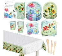 All-in-one 241 pcs Garden Themed Floral Inspirational Disposable Party Supplies Dinnerware Set Serve 24 Guests, Safe for Food, incl Tableware, Decoration in one Box