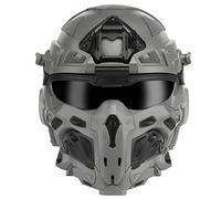 All-In-One Airsoft Full Face Mask Tactical Helmet With Built-in Tactical Headset, Anti-Fog Fan, Visor Sliding Goggles for Military Airgun Cosplay CS Paintball Hunting (Grey)