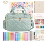 All-in-One Bible Journaling Kit - Quilted Bible Cover Case for Women | Large Bible Bag with Study Supplies, 31 Highlighters, 75 Tabs, Christian Gift for Women, Teens(Shoulder Strap, Sage Green)