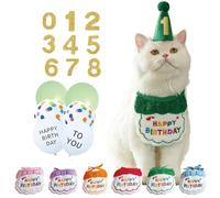 All-in-One Cat Birthday Party Set- Reusable Adjustable Hat & Bandana Decorations with Age Numbers | Complete Kitty Celebration Kit for Memorable Milestones（Green）