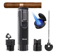 All-in-one Cigar Torch Lighter with Triple Flame, 2 Cigar Holders, Cigar Draw Enhancer, Cigar Punch, Cigar Accessories for Men's Gifts, Refillable Windproof Butane Cool Lighters for Smoking, Candles