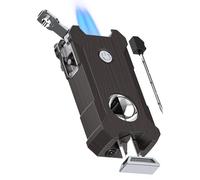 All-in-One Cigar Torch Lighter, with V Cigar Cutter, Holder, Punch, Draw Enhancer Tool, Double Jet Flame Windproof Rechargeable 5-in-1 Lighters without Butane