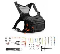 All in One Fishing Chest Pack Tackle Bag with Tackle Box, Fishing Lures Kit, Hook Remover Tool, Fish Lip Gripper, Fishing Plier Friendly for Beginners & Professional Anglers Gifts for Men (Black)
