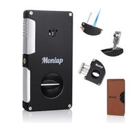 All-in-one Jet Torch Lighter with Built-in V Cutter, Punch, Gas Window, Leather case, Luxurious Gifts for Men, Adjustable Windproof Butane Refillable Cool Lighters for Outdoors, Travel, Candles