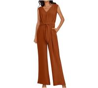 All In One Jumpsuit Women Elegant V Neck Wide Leg Romper Sleeveless Belted High Waist Long Dressy Pants Ladies Full Length Solid Loose Casual Work Playsuit Summer Jumpsuits for Women UK Sale Clearance