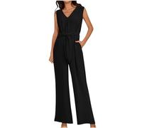 All In One Jumpsuit Women Elegant V Neck Wide Leg Romper Sleeveless Belted High Waist Long Dressy Pants Ladies Full Length Solid Loose Casual Work Playsuit Summer Jumpsuits for Women UK Sale Clearance