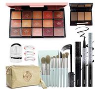 All in One Makeup Kit for Women,15 Color Eye Shadow Makeup Plattete,Waterproof Eyeliner Mascara,3 Color Eyebrow Powder,Eyebrow Stencils,Eyelash Curler,8 Makeup Brushes,Gold/Black Sequin Cosmetic Bag