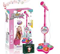 All in One Microphone Toy, Adjustable Kids Microphone and Stand with Flashing Stage Lights, Mini Karaoke Machine 1 Microphones, With Mobile Phones, Karaoke Toys Gift for Girls Boys (Pink)