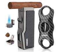 All-in-one Quad Windproof Jet Flame Lighter with Cigar Cutter, Punch, Holder, Refillable Torch Set, Cool Lighters for Smoking, Birthday Gift