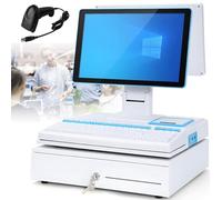 All in ONE Smart Touch Screen Cash Register POS System, Cash Register for Business Restaurants Retail, Built-in 58mm Thermal Printer, Cash Drawer, Handheld Scanner, Windows 10 White-DualScreen