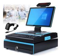 All in ONE Smart Touch Screen Cash Register POS System, Cash Register for Business Restaurants Retail, Built-in 58mm Thermal Printer, Cash Drawer, Handheld Scanner, Windows 10 Blue-SingleScreen