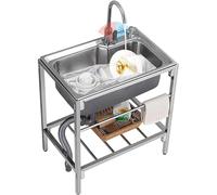 All-in-One Stainless Steel Freestanding Sink Station with Stand & Tap, Heavy Duty Commercial Catering Kitchen Sink for Restaurant, Home, Garage & Laundry