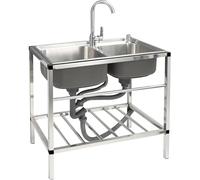 All-in-One Stainless Steel Freestanding Sink Station with Stand & Tap, Heavy Duty Commercial Catering Kitchen Sink for Restaurant, Home, Garage & Laundry