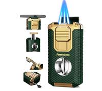 All-in-one Torch Lighter with V Cutter, Punch, Needle, Holder and Triple Jet Flames, Butane Windproof Lighter for Candles, Outdoor, Versatile Accessories with Gift Box for Men (Without Butane)