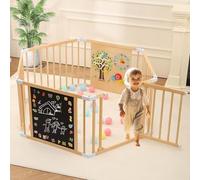 All-in-one Wood Baby Playpen with Door, Adjustable Wooden Play Fence with Dual-Sided Chalkboard, Whiteboard & Montessori Activity Toys, Expandable Activity Center Safe Playard for Babies 3M+