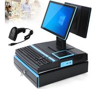 All-in- Screen Dual Monitor POS Cash Register for Retail Small Business with Barcode Scanner Printer Cash Drawer Blue