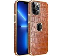All Inclusive Back Phone Cover, for Apple iPhone 14 Pro Case 6.1 Inch 2022 Crocodile Texture Genuine Leather Shockproof Cover with Logo Visible Design (Color : Brown)