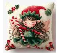 All-Inclusive Christmas Latch Hook Kit for Beginners,17x17 in Festive Cushion Cover,DIY Handmade Rug Making Craft with Yarn & Tools -Holiday Embroidery Home Decor Gift Set(Christmas Elf Girl)