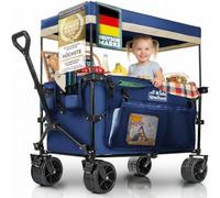 all Kids United Foldable Handcart Transport Wagon Beach Buggy with XXL Gel Tyres, Brakes, Adjustable Handle, 90L Capacity, 150kg Load, Blue, 90 x 50 x 100 cm