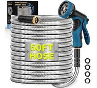 All-Metal Garden Hose 50ft - Stainless Steel Braid with Solid Brass Connectors, Includes 10-Function Nozzle & Extra Seals for Long-Term Use