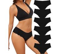 ALL OF SHE 6 Pack Seamless Briefs Ladies Scalloped Edge Seamless Underwear Women No Show Knickers Scalloped Edge Panties Multipack S-XL,BLACK*6,S