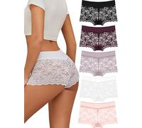 ALL OF SHE Pack of 5 Boxer Shorts Underwear Women's Sexy Lace Underwear Women Breathable Shorts Women's Panties Hipster Stretch Cotton Waistband Lingerie Multipack S-XL, Black/Skin