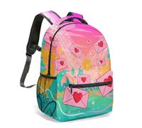 All Over Print Backpack 16 Inch Pink Envelopes Love Hearts City Silhouette Graphic Bag Romantic Valentine's Day Gift (02)