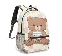 All-over Print Kawaii Bear Bubble Tea Rucksack 40cm Japanese Cartoon School Bag for Girls 20L with Pink Bows Blue Clouds (03)