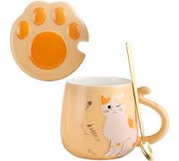 All-Pie Cat Mug Cute Ceramic Coffee Cup with Lovely Cat Claw lid Stainless Steel Spoon,Special Tea Cup Set 400ml/13.5oz (Yellow)