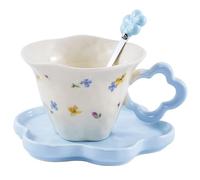 All-Pie Ceramic Cappuccino Cups with Saucers and Spoon,Coffee,Tea Cup - 250 ml/8.8 oz，Flower Shape (Blue)