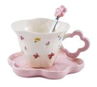 All-Pie Ceramic Cappuccino Cups with Saucers and Spoon,Coffee,Tea Cup - 250 ml/8.8 oz，Flower Shape (Pink)
