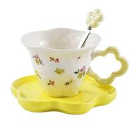 All-Pie Ceramic Cappuccino Cups with Saucers and Spoon,Coffee,Tea Cup - 250 ml/8.8 oz，Flower Shape (Yellow)