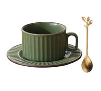 All-Pie Ceramic Cappuccino Cups with Saucers and Spoon,Coffee,Tea Cup - 250 ml/8.8 oz, Matte Retro (Green)