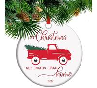 All Roads Lead Home For The Red Vintage Truck - Premium Artwork Round Ceramic Ornament Gift