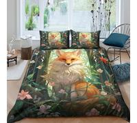All Season 3D Microfiber Fox in forest Duvet Cover Breathable Bedding Sets with Matching Pillowcase Fantasy woodland art Bed Quilt Cover Easy Care Machine Washable for Home Decor Double（200x200cm）