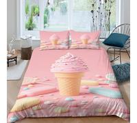 All Season 3D Microfiber Pink ice cream Duvet Cover Breathable Bedding Sets with Matching Pillowcase Sweet dessert style Bed Quilt Cover Easy Care Machine Washable for Home Decor Single（135x200cm）