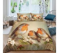 All Season 3D Microfiber Robin birds Duvet Cover Breathable Bedding Sets with Matching Pillowcase Spring floral art style Bed Quilt Cover Easy Care Machine Washable for Home Decor Single（135x200cm）