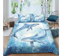 All Season 3D Microfiber whale swimming Duvet Cover Breathable Bedding Sets with Matching Pillowcase marine watercolor art Bed Quilt Cover Easy Care Machine Washable for Home Decor Double（200x200cm）