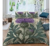 All Season 3D Print Microfiber Purple thistle flower Comforter Cover All Season Bedding Set with Pillow Shams Botanical garden Bedding Quilt Cover Easy Care, Washable for Home Decor Single（140x200cm）
